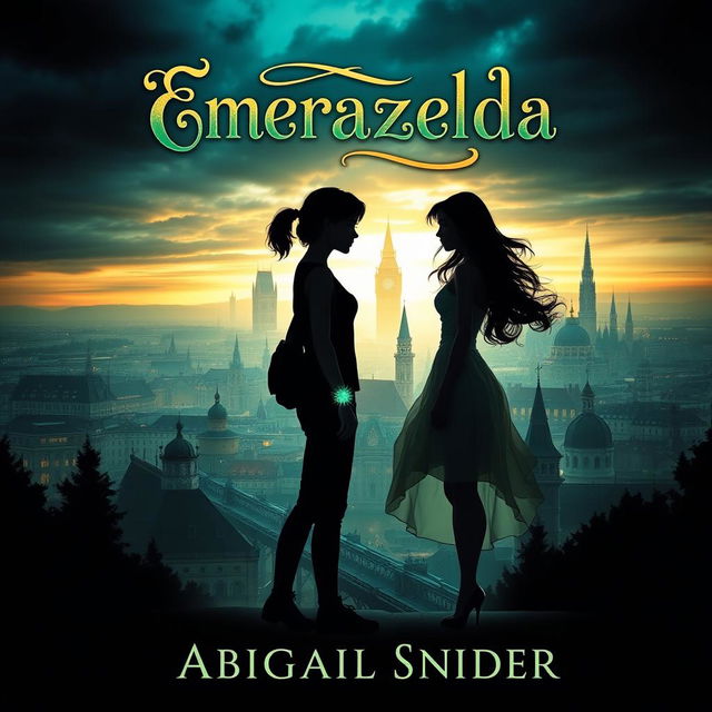 A mesmerizing fantasy book cover titled 'Emerazelda' featuring the silhouette of two girls standing side by side in front of a breathtaking cityscape