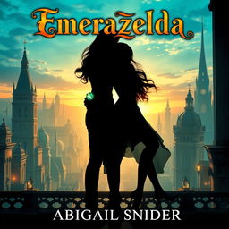 A mesmerizing fantasy book cover titled 'Emerazelda' featuring the silhouette of two girls standing side by side in front of a breathtaking cityscape