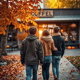 A sweet autumn scene viewed from behind two teenagers holding hands as they walk away from a cozy coffee shop