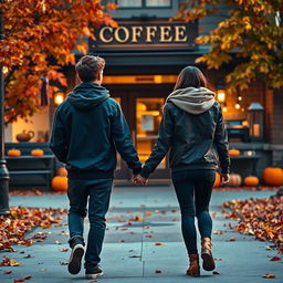 A sweet autumn scene viewed from behind two teenagers holding hands as they walk away from a cozy coffee shop