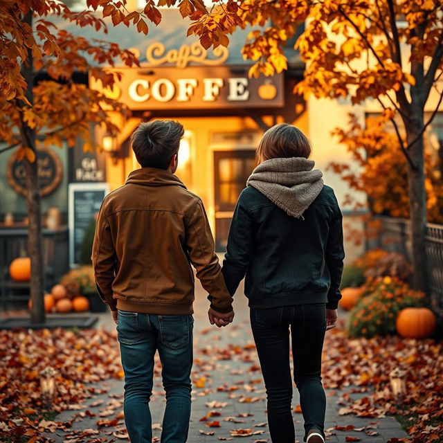 A sweet autumn scene viewed from behind two teenagers holding hands as they walk away from a cozy coffee shop