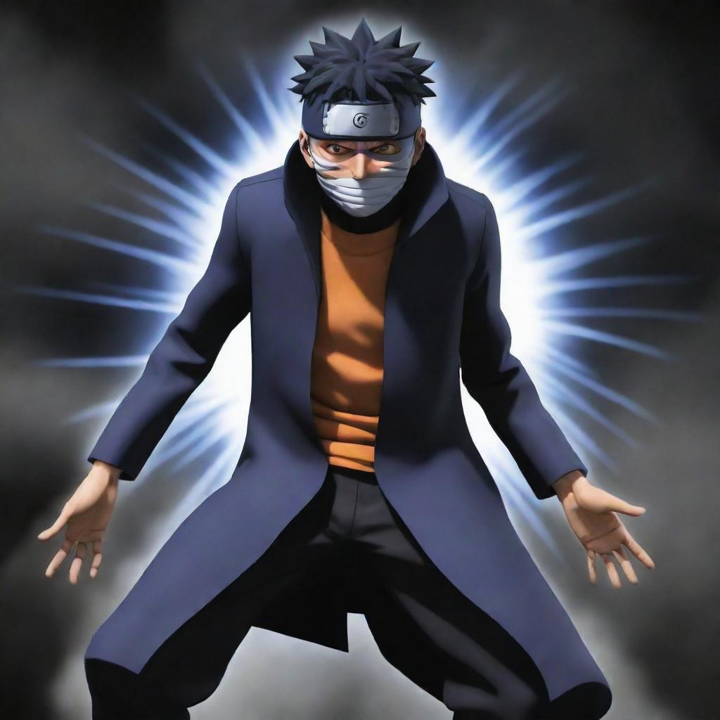 Create an image of Obito from Naruto Shippuden transitioning into another dimension, with his body distorting and the environment changing dramatically around him.