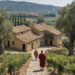 An ancient Roman countryside village, with rustic buildings, cobblestone streets, and locals dressed in traditional Roman clothing amongst olive trees and vineyards.