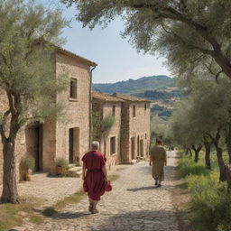 An ancient Roman countryside village, with rustic buildings, cobblestone streets, and locals dressed in traditional Roman clothing amongst olive trees and vineyards.