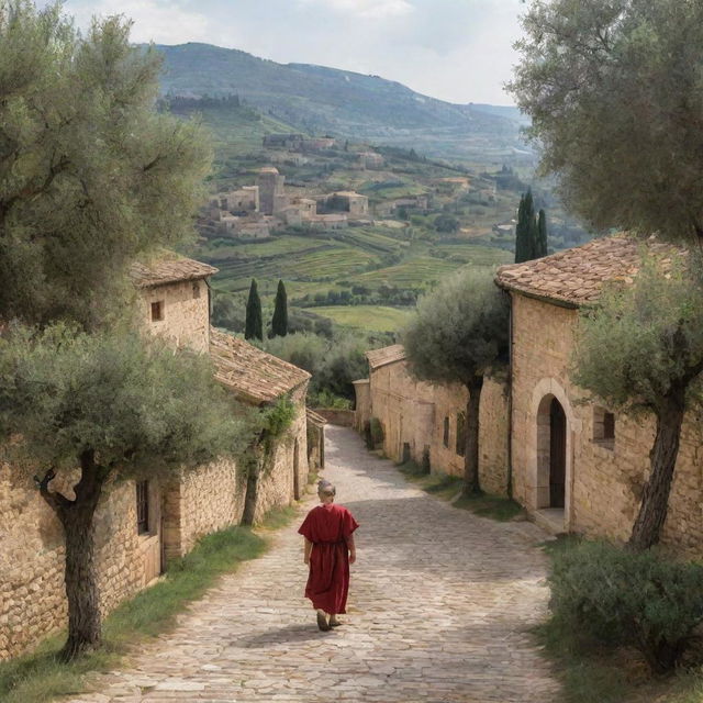 An ancient Roman countryside village, with rustic buildings, cobblestone streets, and locals dressed in traditional Roman clothing amongst olive trees and vineyards.