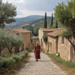 An ancient Roman countryside village, with rustic buildings, cobblestone streets, and locals dressed in traditional Roman clothing amongst olive trees and vineyards.