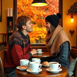 A charming autumn scene inside a cozy vintage coffee shop, featuring two teenagers sitting at a small table face to face