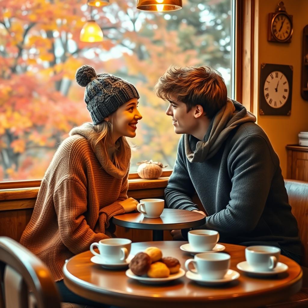 A charming autumn scene inside a cozy vintage coffee shop, featuring two teenagers sitting at a small table face to face