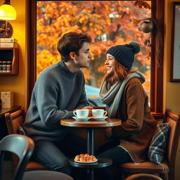 A charming autumn scene inside a cozy vintage coffee shop, featuring two teenagers sitting at a small table face to face