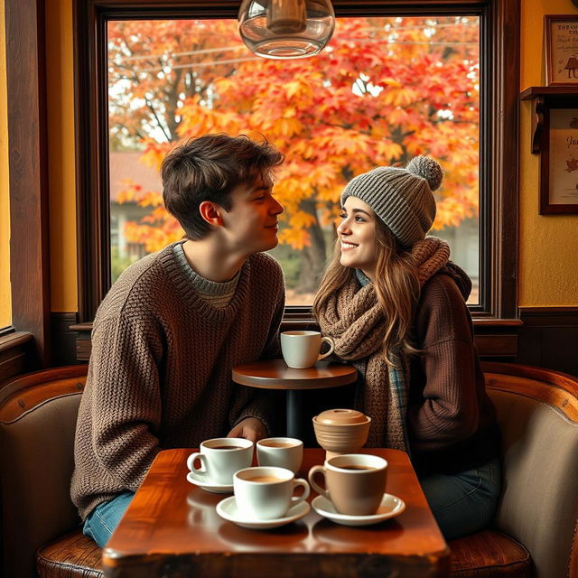 A charming autumn scene inside a cozy vintage coffee shop, featuring two teenagers sitting at a small table face to face