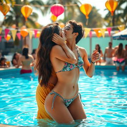 An artistic depiction of a lively pool party scene featuring a beautiful woman resembling Nushrat Bharucha in a stylish bikini