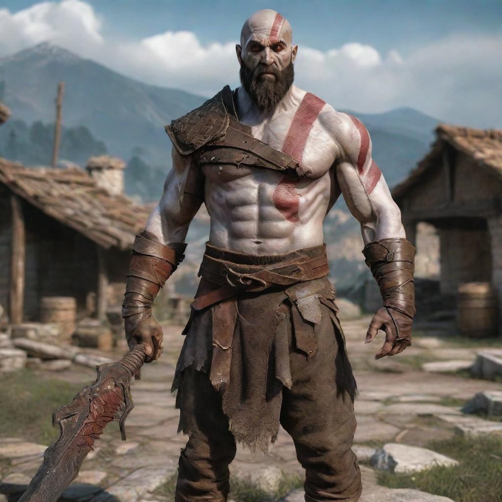 Kratos from God of War, standing tall and imposing amidst an ancient Roman countryside village, with his iconic weapons in hand and his stark white skin standing out against the rustic scene.