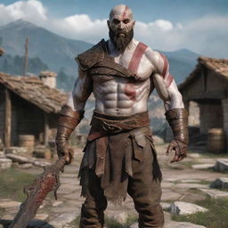 Kratos from God of War, standing tall and imposing amidst an ancient Roman countryside village, with his iconic weapons in hand and his stark white skin standing out against the rustic scene.