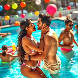 An artistic depiction of a lively pool party scene featuring a beautiful woman resembling Nushrat Bharucha in a stylish bikini