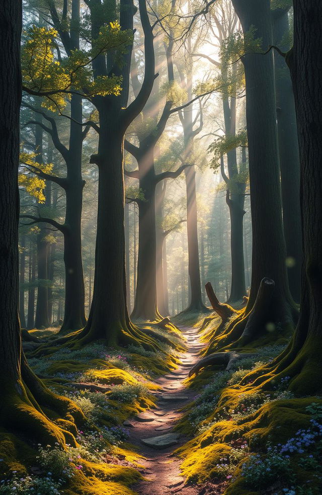 A magical forest known as the Whispering Woods, filled with tall, ancient trees whose leaves shimmer with a soft glow