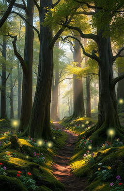 A magical forest known as the Whispering Woods, filled with tall, ancient trees whose leaves shimmer with a soft glow