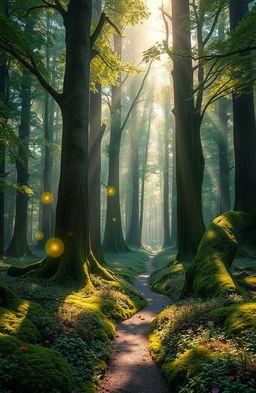 A magical forest known as the Whispering Woods, filled with tall, ancient trees whose leaves shimmer with a soft glow