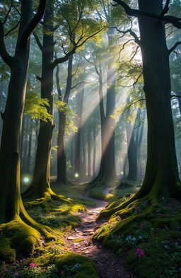 A magical forest known as the Whispering Woods, filled with tall, ancient trees whose leaves shimmer with a soft glow