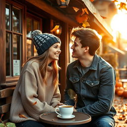 An enchanting autumn scene set outside a vintage-style coffee shop, where two teenagers are sitting at a small table