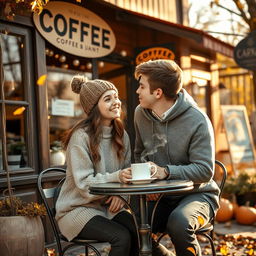 An enchanting autumn scene set outside a vintage-style coffee shop, where two teenagers are sitting at a small table