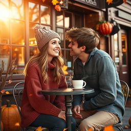 An enchanting autumn scene set outside a vintage-style coffee shop, where two teenagers are sitting at a small table