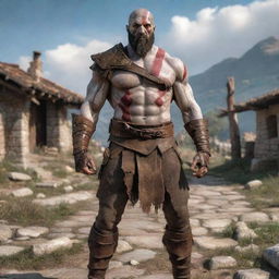 Kratos from God of War, standing tall and imposing amidst an ancient Roman countryside village, with his iconic weapons in hand and his stark white skin standing out against the rustic scene.