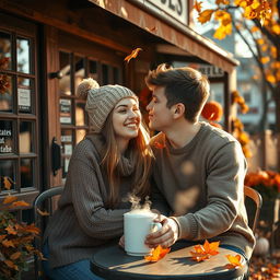 An enchanting autumn scene set outside a vintage-style coffee shop, where two teenagers are sitting at a small table