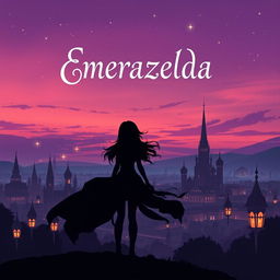 A captivating fantasy book cover for 'Emerazelda', showcasing the silhouette of two girls standing together against an enchanting cityscape at twilight