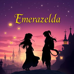A captivating fantasy book cover for 'Emerazelda', showcasing the silhouette of two girls standing together against an enchanting cityscape at twilight