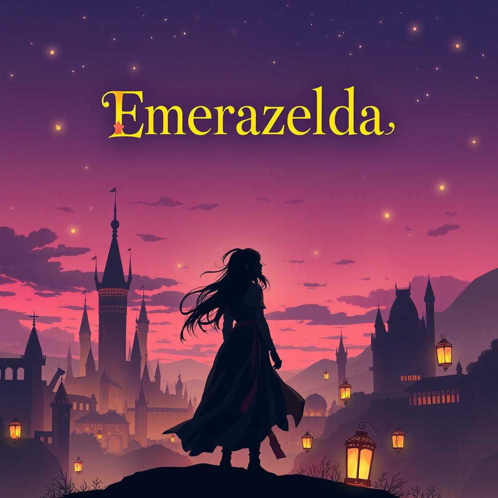 A captivating fantasy book cover for 'Emerazelda', showcasing the silhouette of two girls standing together against an enchanting cityscape at twilight