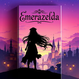 A captivating fantasy book cover for 'Emerazelda', showcasing the silhouette of two girls standing together against an enchanting cityscape at twilight