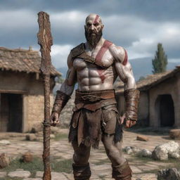 Kratos from God of War, standing tall and imposing amidst an ancient Roman countryside village, with his iconic weapons in hand and his stark white skin standing out against the rustic scene.