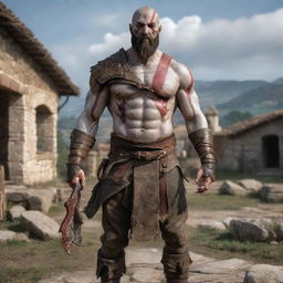 Kratos from God of War, standing tall and imposing amidst an ancient Roman countryside village, with his iconic weapons in hand and his stark white skin standing out against the rustic scene.