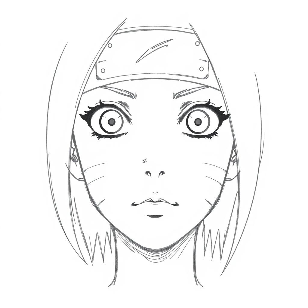 Detailed blueprint sketch of a female character's face from Naruto without hair