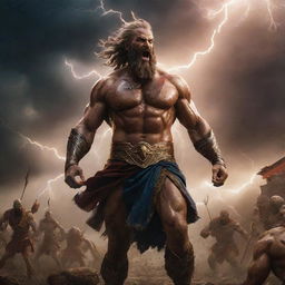 Zeus, god of the sky, alongside his cavalry in full charge thundering towards the ancient Roman countryside where Kratos stands, causing a dynamic confrontation. Lightning crackling, dust billowing, and villagers scattering in their path.