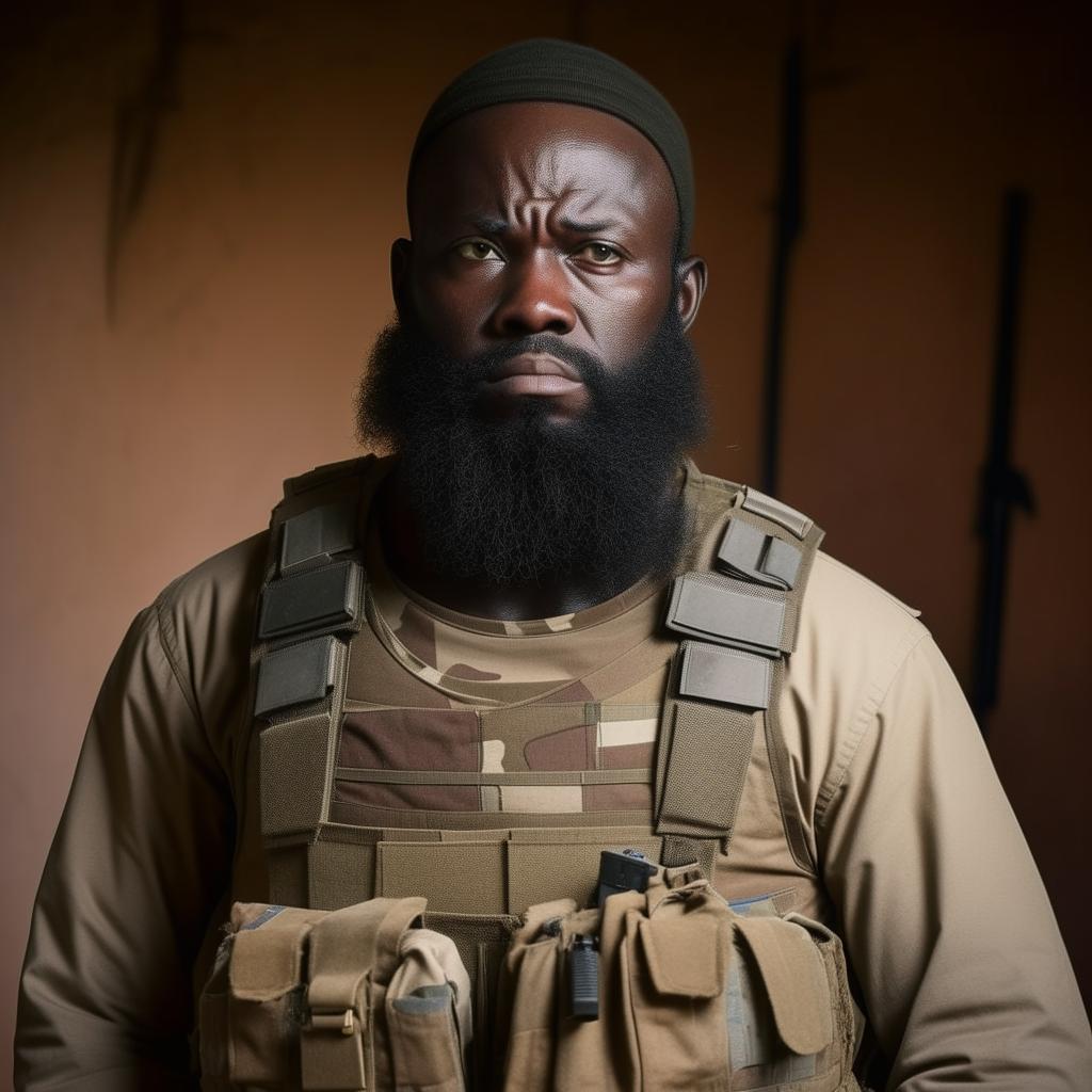 An African kidnapper commander, with a bearded visage, dressed in a bulletproof vest over semi-combatant attire, conveying a menacing demeanor.