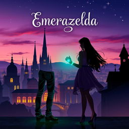 A captivating fantasy book cover for 'Emerazelda', featuring the silhouette of two friends standing together in front of a stunning cityscape at twilight