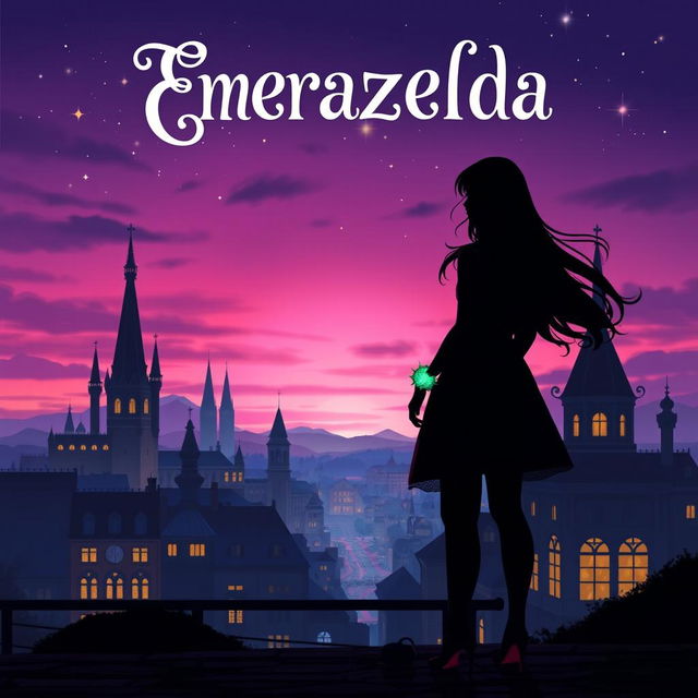 A captivating fantasy book cover for 'Emerazelda', featuring the silhouette of two friends standing together in front of a stunning cityscape at twilight