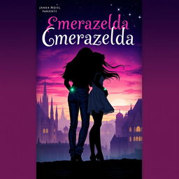 A captivating fantasy book cover for 'Emerazelda', featuring the silhouette of two friends standing together in front of a stunning cityscape at twilight