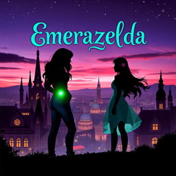 A captivating fantasy book cover for 'Emerazelda', featuring the silhouette of two friends standing together in front of a stunning cityscape at twilight