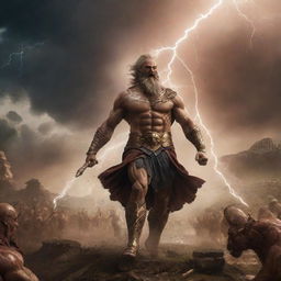 Zeus, god of the sky, alongside his cavalry in full charge thundering towards the ancient Roman countryside where Kratos stands, causing a dynamic confrontation. Lightning crackling, dust billowing, and villagers scattering in their path.