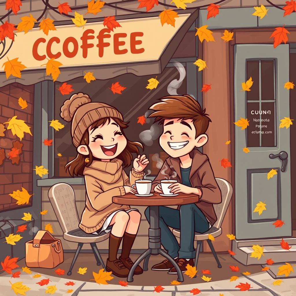 A whimsical vintage-style cartoon depicting a delightful autumn scene outside a charming coffee shop