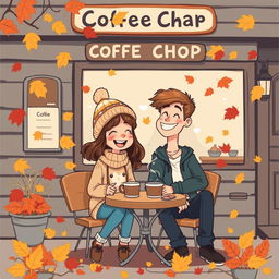 A whimsical vintage-style cartoon depicting a delightful autumn scene outside a charming coffee shop
