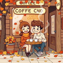 A whimsical vintage-style cartoon depicting a delightful autumn scene outside a charming coffee shop