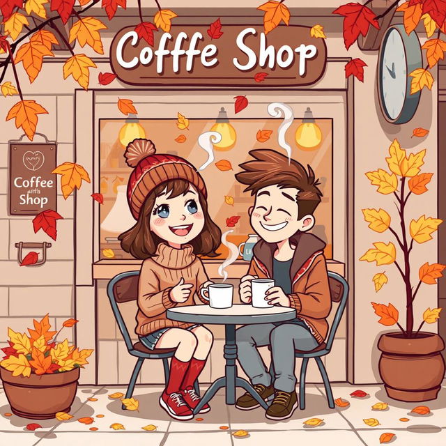 A whimsical vintage-style cartoon depicting a delightful autumn scene outside a charming coffee shop