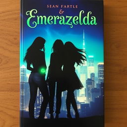 A captivating fantasy book cover for 'Emerazelda', featuring the silhouette of two friends standing side by side in front of a stunning cityscape illuminated with vibrant blue and green hues