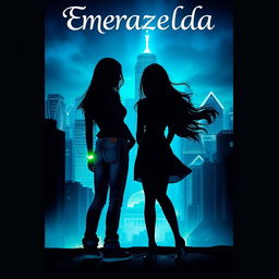 A captivating fantasy book cover for 'Emerazelda', featuring the silhouette of two friends standing side by side in front of a stunning cityscape illuminated with vibrant blue and green hues