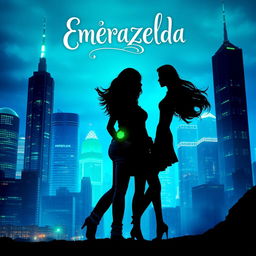 A captivating fantasy book cover for 'Emerazelda', featuring the silhouette of two friends standing side by side in front of a stunning cityscape illuminated with vibrant blue and green hues