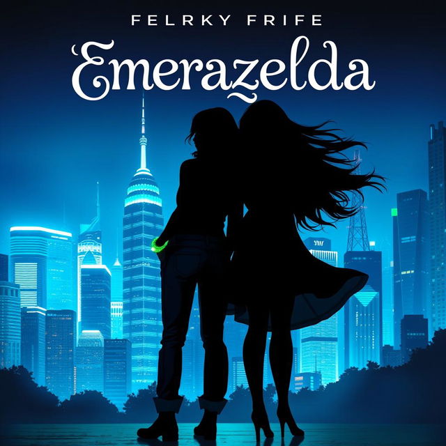 A captivating fantasy book cover for 'Emerazelda', featuring the silhouette of two friends standing side by side in front of a stunning cityscape illuminated with vibrant blue and green hues