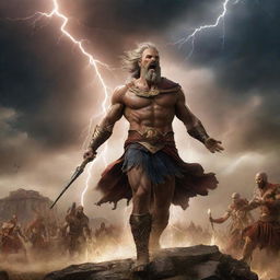 Zeus, god of the sky, alongside his cavalry in full charge thundering towards the ancient Roman countryside where Kratos stands, causing a dynamic confrontation. Lightning crackling, dust billowing, and villagers scattering in their path.